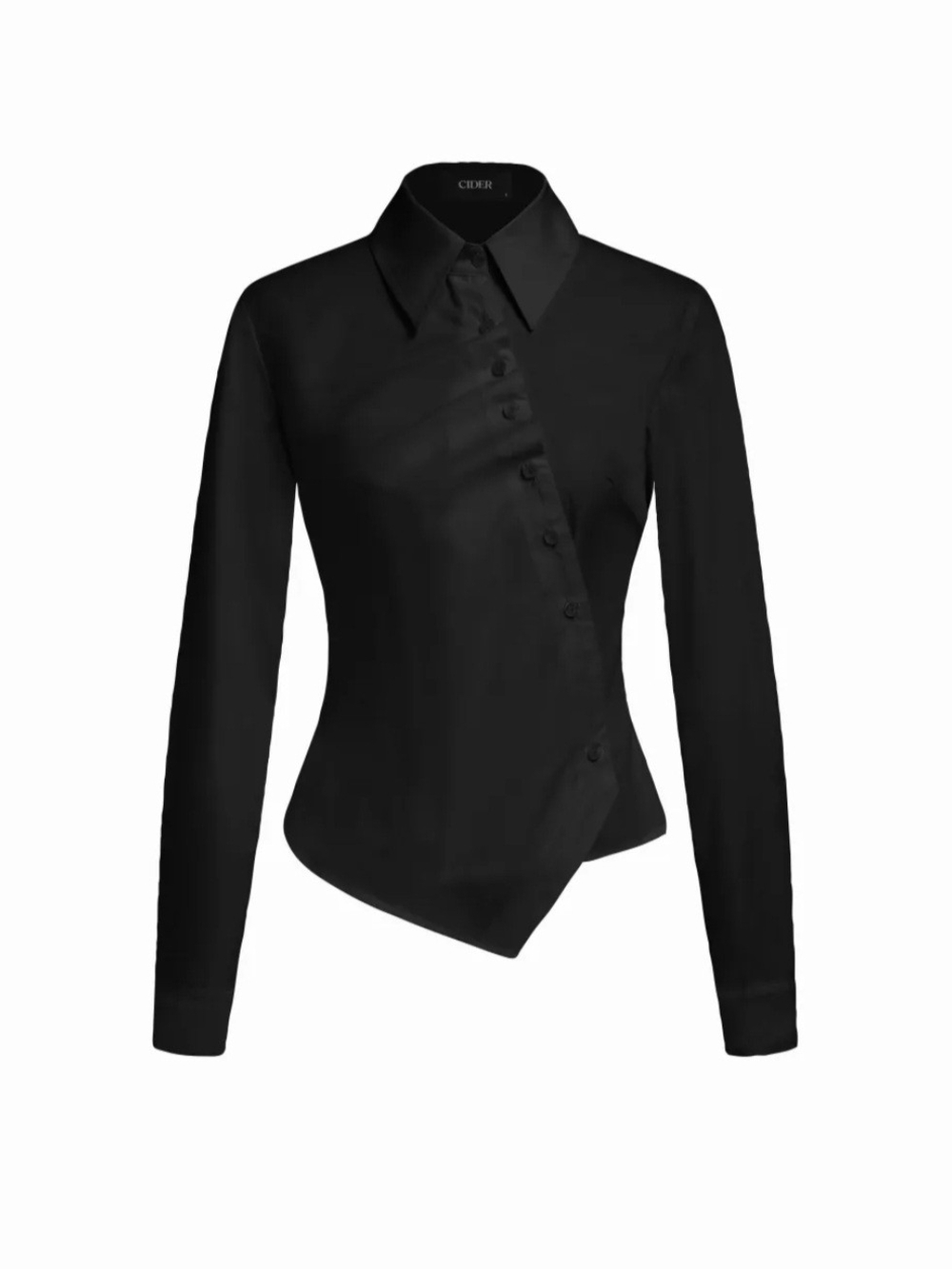 Black Asymmetric Button-Front Long-Sleeve Blouse